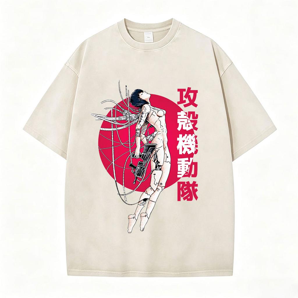 Anime Ghost In The Shell Motoko Kusanagi Vintage Washed T Shirts Men Women Clothing Casual Short Sleeve Oversized Tshirts Tops
