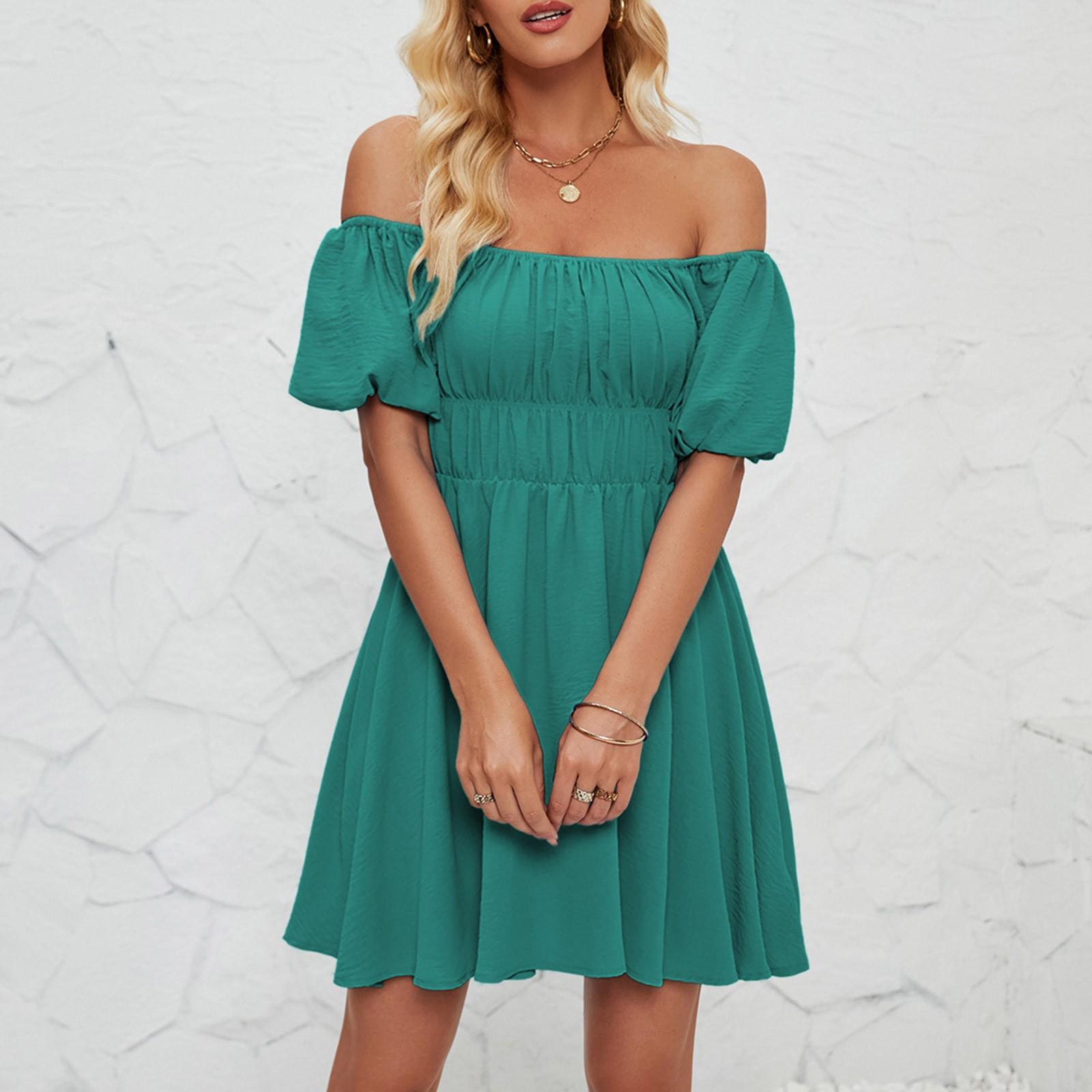 Женское модное однотонное платье с одной линией выреза и короткими рукавами — фото 6