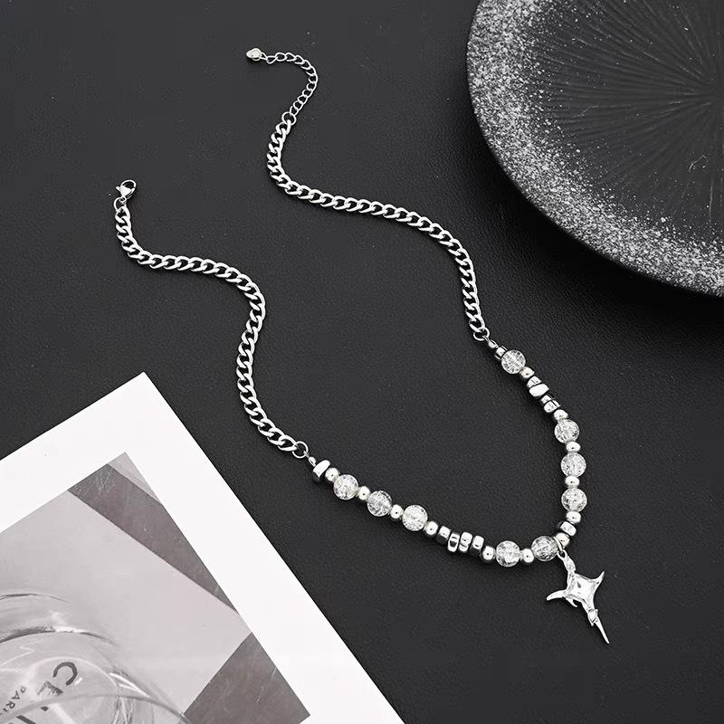 Unisex Ice Crack Bead Star Sweater Chain, Sweet Cool Irregular Metal Stone Splicing Personalized Clavicle Necklace