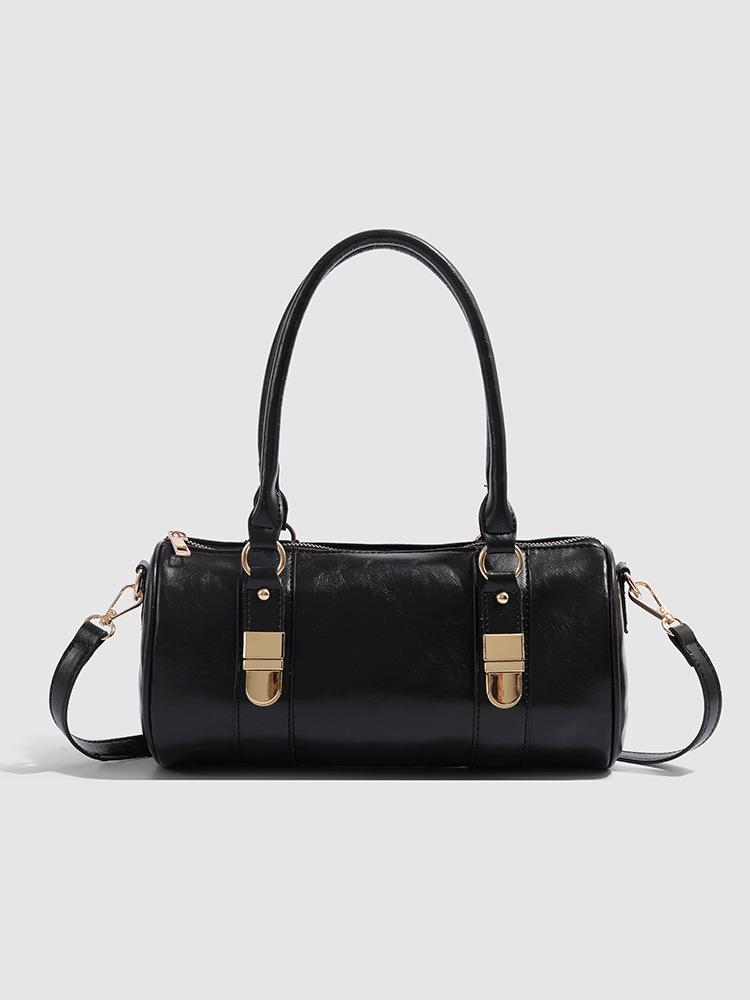 

2025 Baguette Retro Portable Boston Bowling Bag Commuter Cylinder Bag One Shoulder Oblique Span Handbag Bag Women чёрный