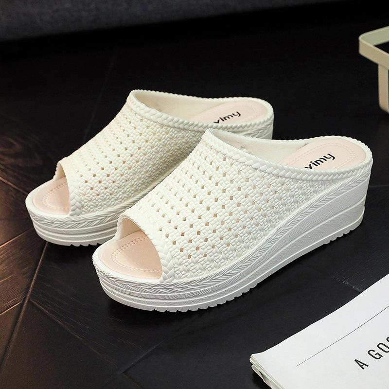 Cool Slippers Women Summer Slope Heel Thick Sole Wear Beach Shoes, Mesh Hollow Slippers Foreign Trade Wholesale