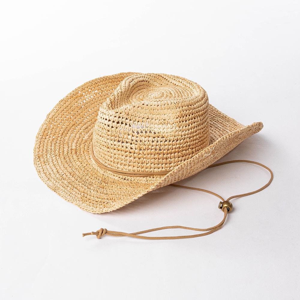 raffia Cowboy straw hat 9cm Brim  sunshade vacation  hand-woven crochet men and women beach sun protection western cowboy hats