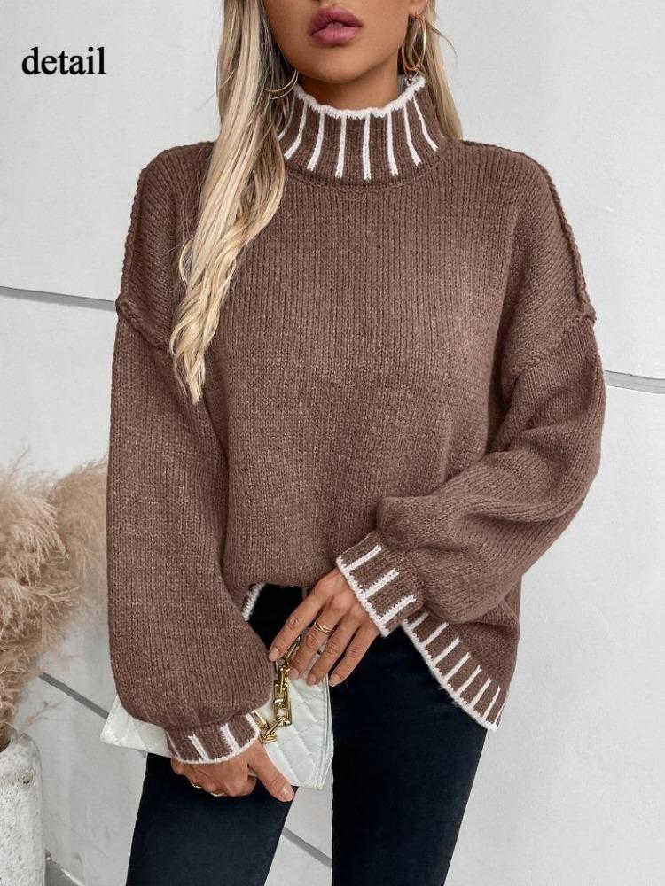 Women Oversized Turtleneck Sweater Loose Lantern Sleeve Ribbed Knit Pullover Casual Long Sleeve Top for Fall Fashion