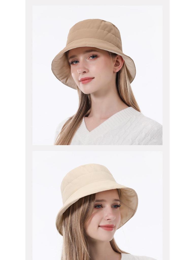 Reversible Korean-Style Down Cotton Bucket Hat for Women - Autumn/Winter Large Brim, Waterproof, Sunshade, Warm.
