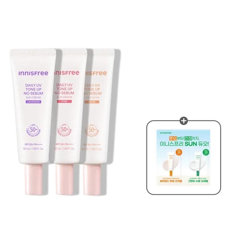 Innisfree Tägliche UV-Ton-Up No-Sebum Sonnencreme LSF50+ PA++++ Aufhellender Sonnenschutz 50 ml (Rosa / Lavendel / Beige)