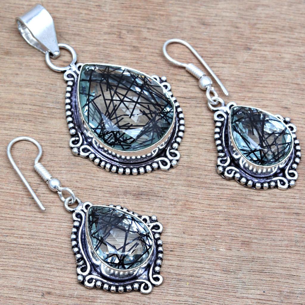 Black Rutile Set  Pendant  Jewelry Earring 18-20'' Gemstone Handmade