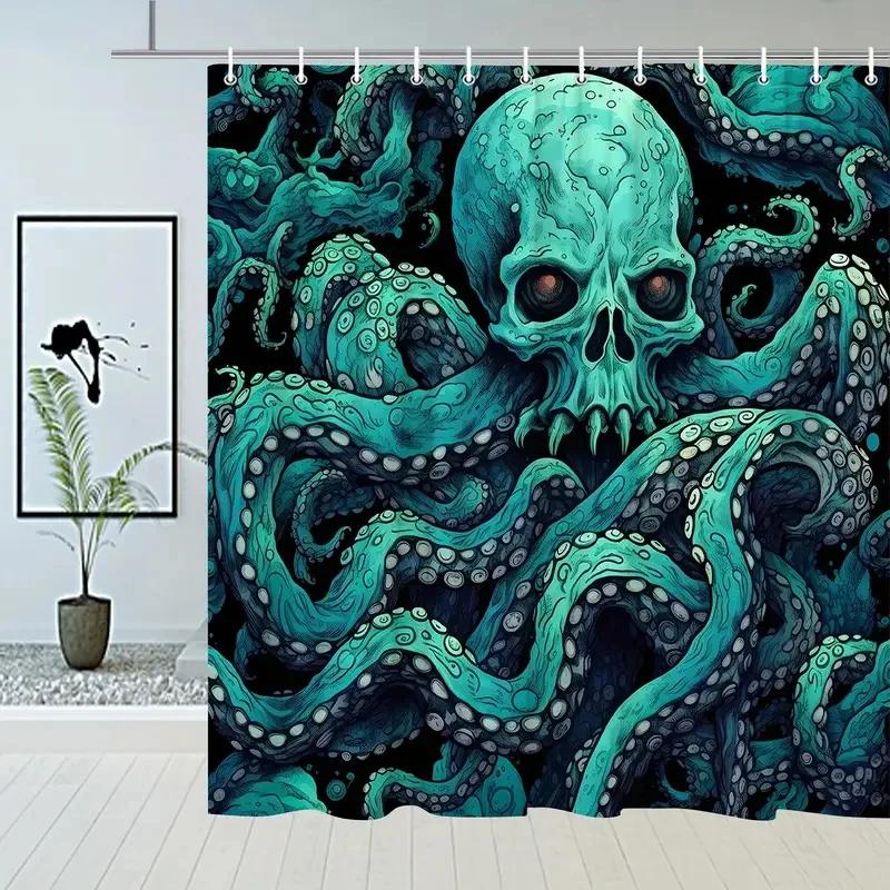 Vintage Nautical Octopus Waterproof Shower Curtain Navy Blue Mermaid Fun Ocean Sea Monster Bath Shower Curtain Anchorage Map