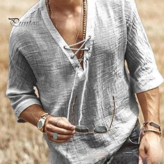 Summer Men Shirt Lace-up V Neck Mid Sleeves Loose Pure Color Pullover Retro Daily Wear Quick Dry Thin Casual Mid Length Top