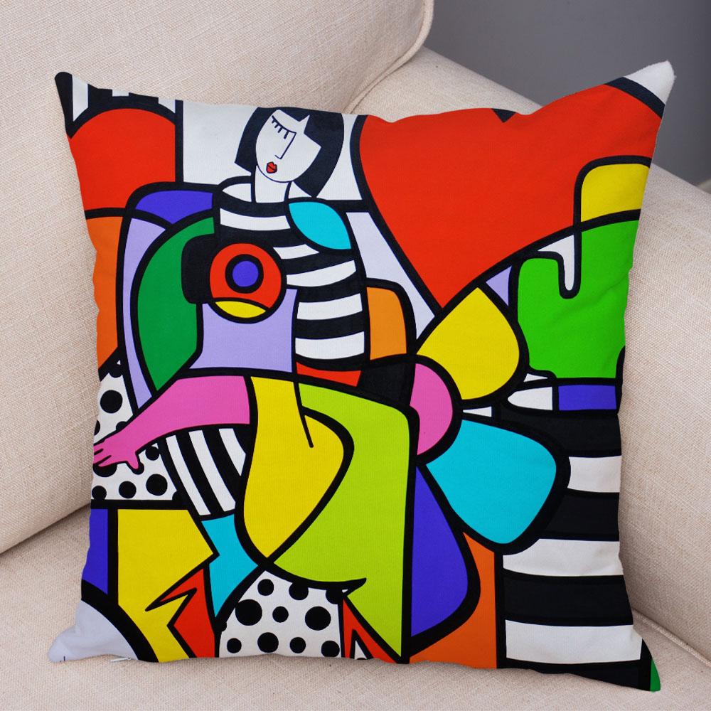 Geometric Cartoon Girl Colorful Abstract Art Drawing Pillowcase Sofa Cushion Cover Home Car Decor Home Decor