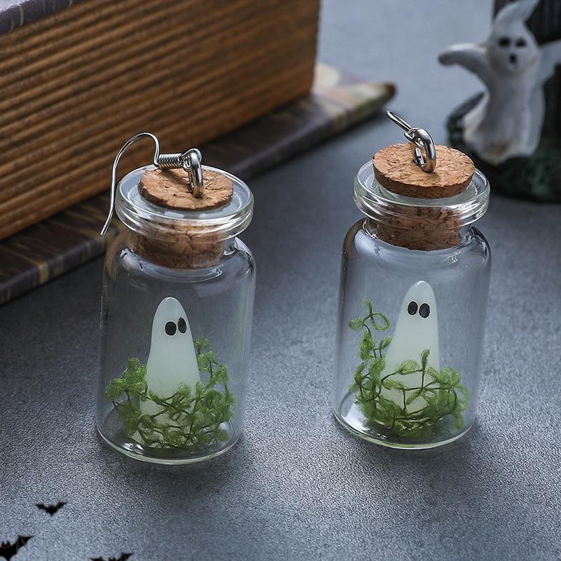 Halloween Drifting Bottle Night Glow Ghost Necklace Ear Pendants Ring Creative Design Trendy Cartoon Ghost Necklace Jewelry Gift