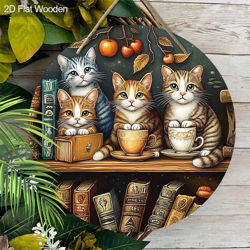2D flat hanging decorative signs,interior wall or door decoration,garden decoration,the pattern is four cute kittens,a housewarming gift for friends