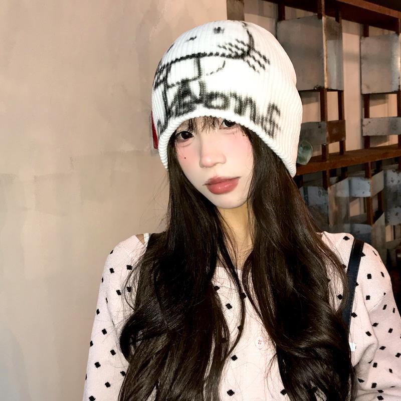 Cute kitty cat knitted hat women's autumn and winter warm ear protection hat showing face small bag head hat fashionable versatile cold hat