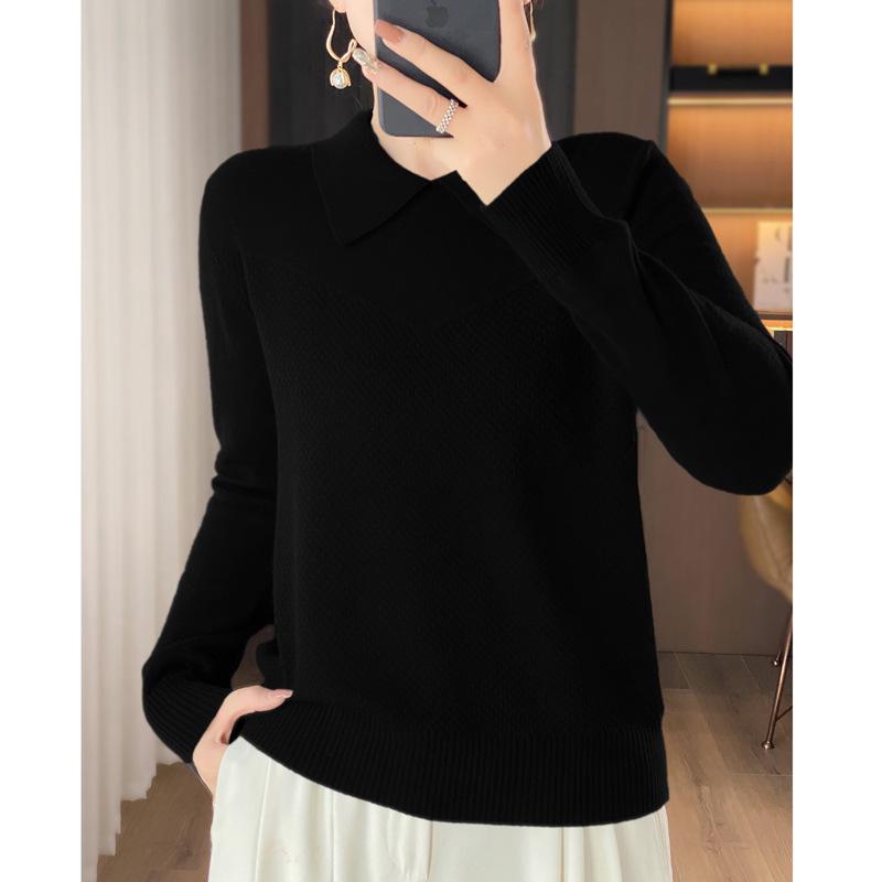 

Однотонный вязаный свитер с длинными рукавами и лацканами - 2024 Новый универсальный облегающий крой Small