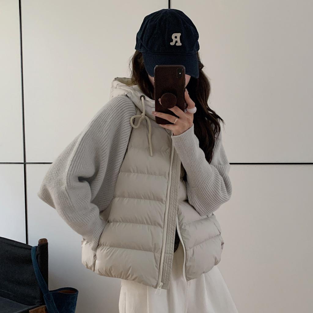 Knitted Wool Sleeve Ribbed Short Cotton Jacket Women's Autumn and Winter Hooded Thick Padded Coat Bomber Jacket