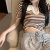 Striped T-shirt Women's Summer Thin Polo Collar Short-sleeved Short High-waisted Navel Design Niche Knitted Top