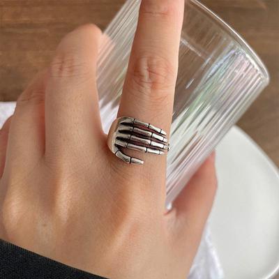 925 Sterling Silver Skull Hand Hip-Hop Open Ring for Women - Punk Style, Non-Fading