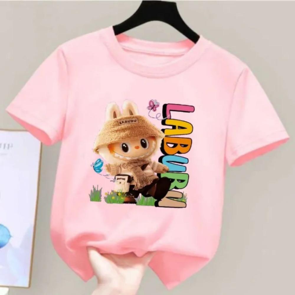 2025 Popular Children's T-shirt for Outdoor Outings LABUBU Printed Cartoon Style Round Neck Short Sleeved Cute Girl's Top