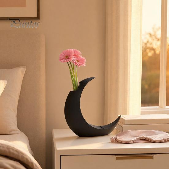 Crescent Shape Vase 3D Printed Moon Flower Vase, Modern Decorative Minimalist Holder Container for Living Room Table Centerpiece Stylish Ceramic