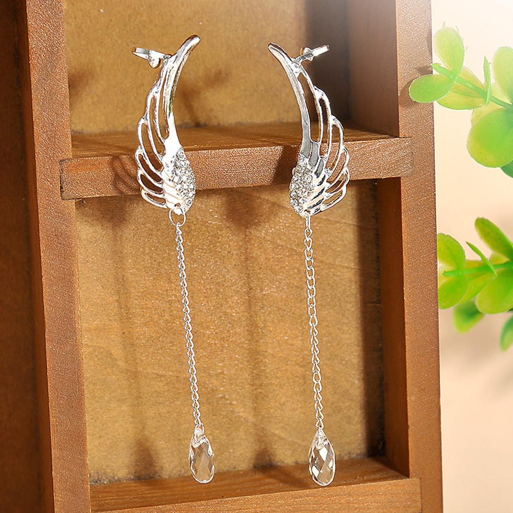 Angel Wing Tassel Clip On Earrings Long Chain Dangle Non Pierced Ear Cuff Jewelry Accessories for Women and Girls