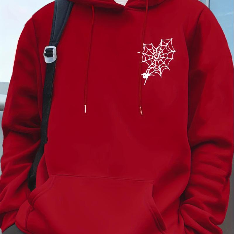 Men's Valentine's Day Spider Web and Heart Printed Hoodie - Casual Hoodie with Web Pattern, Spring and Autumn Sweater,