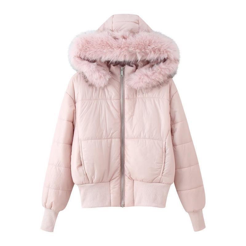 Womens Hooded Cotton Puffer Jacket With Faux Fur Trim Zipper Front Long Sleeve Pocketed Regular Fit Streetwear Style