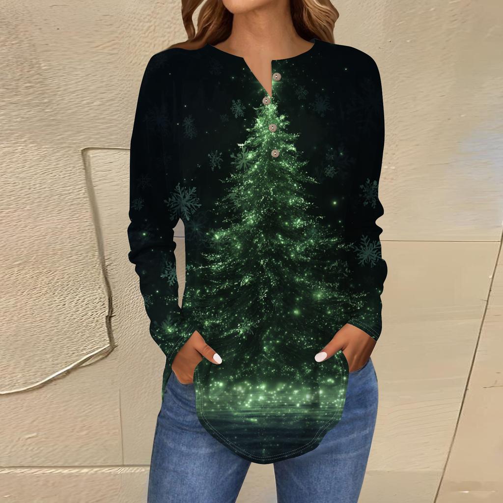 Damska modna bluzka o luźnym kroju z kołnierzykiem zapinanym na guziki i świątecznym nadrukiem z długim rękawem