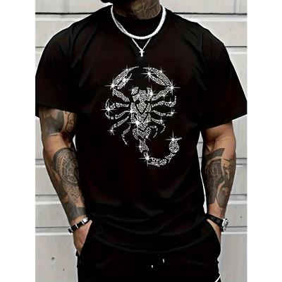 Europäische Größen Herren Schwarzes T-Shirt mit Skorpion-Print - Atmungsaktiv Rundhals Kurzarm