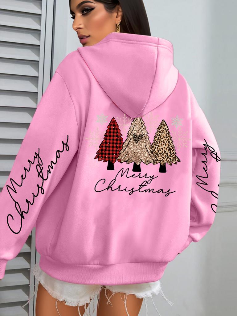 Merry Christmas Leopard Plaid Trees Pattern Hoodies Women Hip Hop Autumn Hoodie Pocket Loose Streetwear Fleece Y2K Pullovers