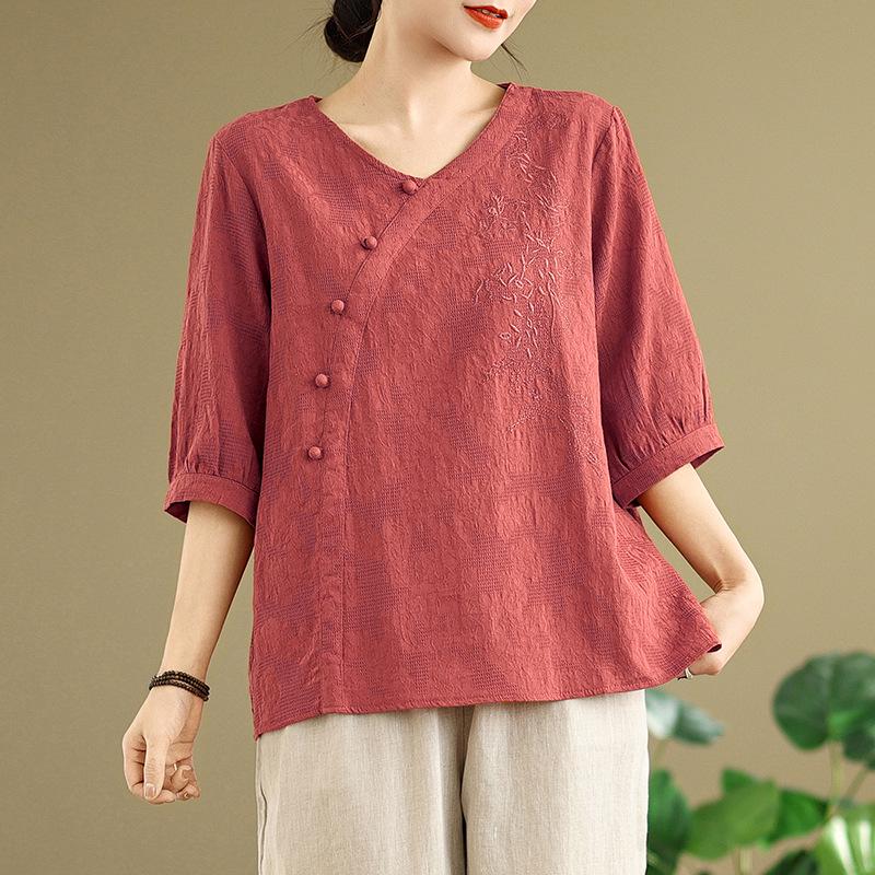 

2025 Retro Plus Size Jacquard Cotton Linen Top & Embroidered Harem Pants Set for Women 3XL