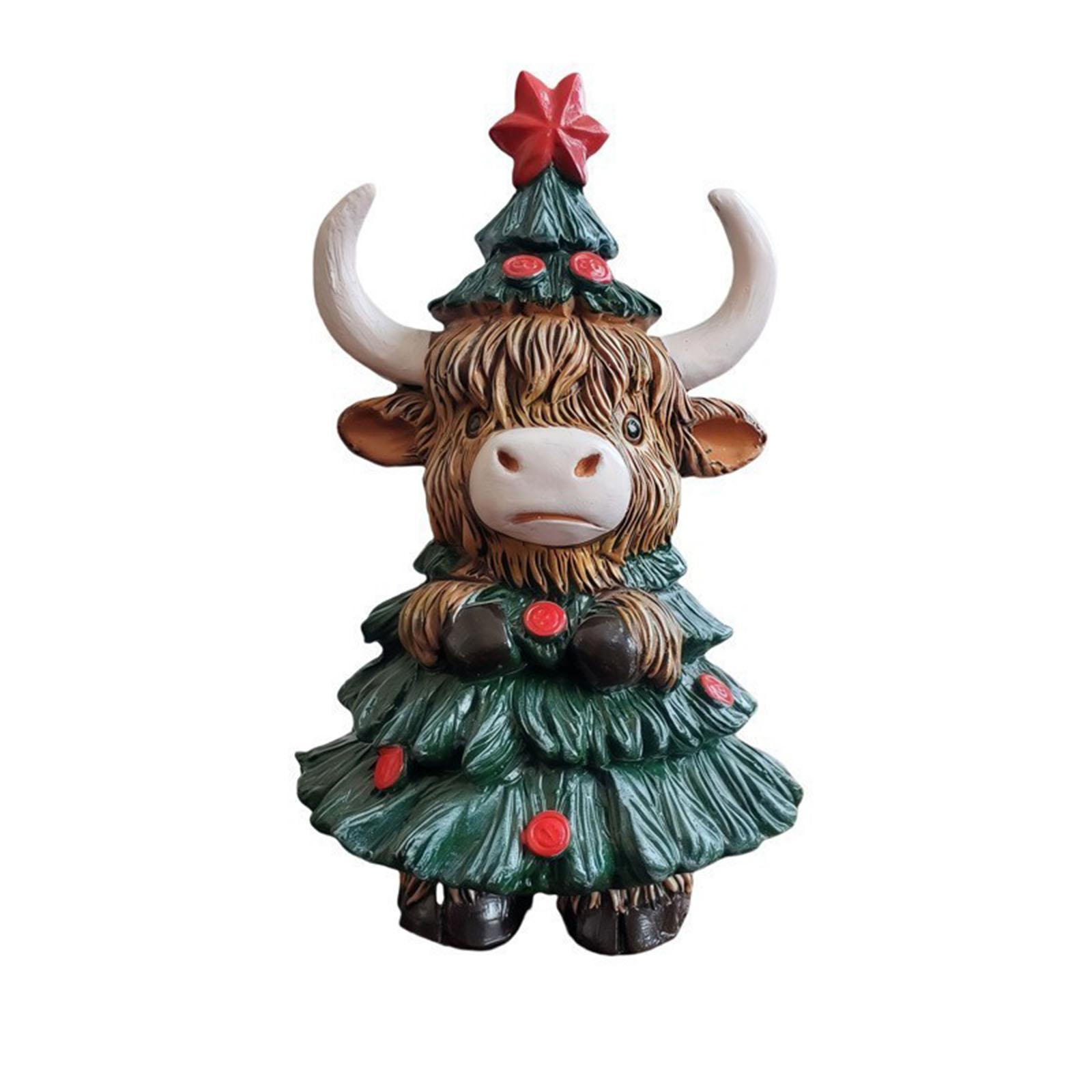 Christmas Resin Cow Figurine with Santa Hat Resin Xmas Cow Statue Wear Resist Highland Calf Desktop Ornament Gnome Herd Gifts