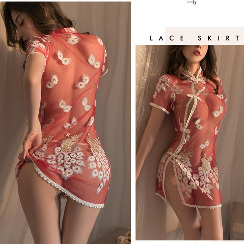 Ladies Open Bra Lace Sexy Nightdress Erotic Transparent Qipao Temptation Embroidered Cheongsam Chinese Traditional Dress