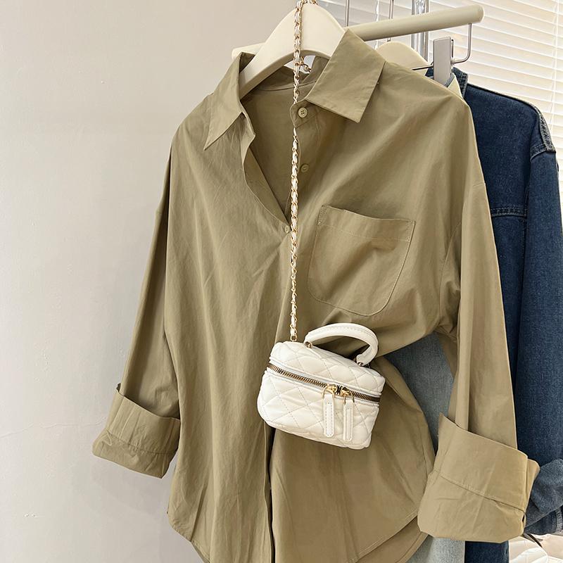 Polo-Kragen Langarm Baumwolle Freizeitblusen für Damen Mode Neu Uni Mittellang Sonnenschutzhemden Damen Locker Büro Damen Weißes Hemd Oberteile 25348