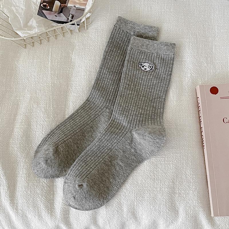 White Puppy Socks for Women In Autumn and Winter, Solid-colored Cotton Socks, Cute Cartoon Embroidered Boneless Mid-calf Socks for Women