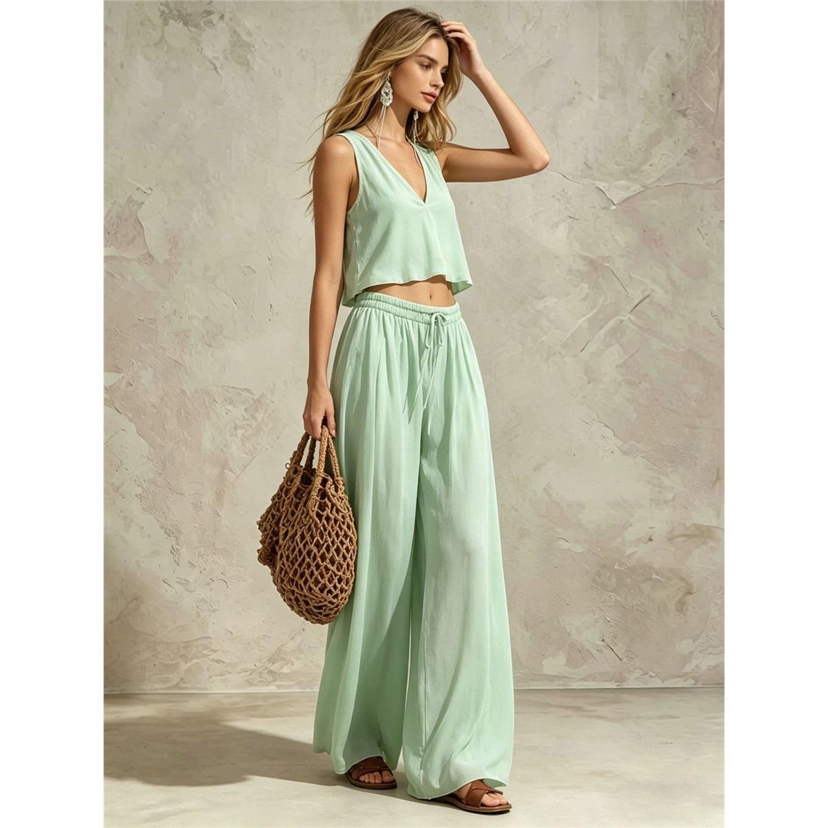 Ensemble deux pièces pour femme Haut court débardeur à col en V sans manches Pantalon large à cordon élastique Ensemble décontracté pour les vacances S vert clair
