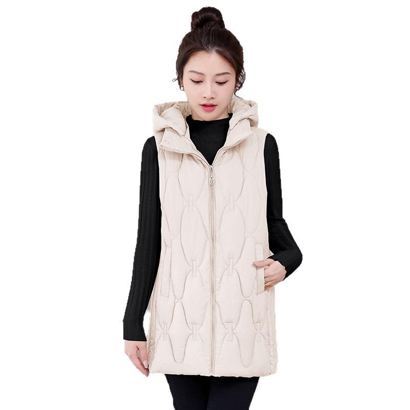 Autumn and winter new rhombus grid down cotton vest women's medium and long loose hooded vest