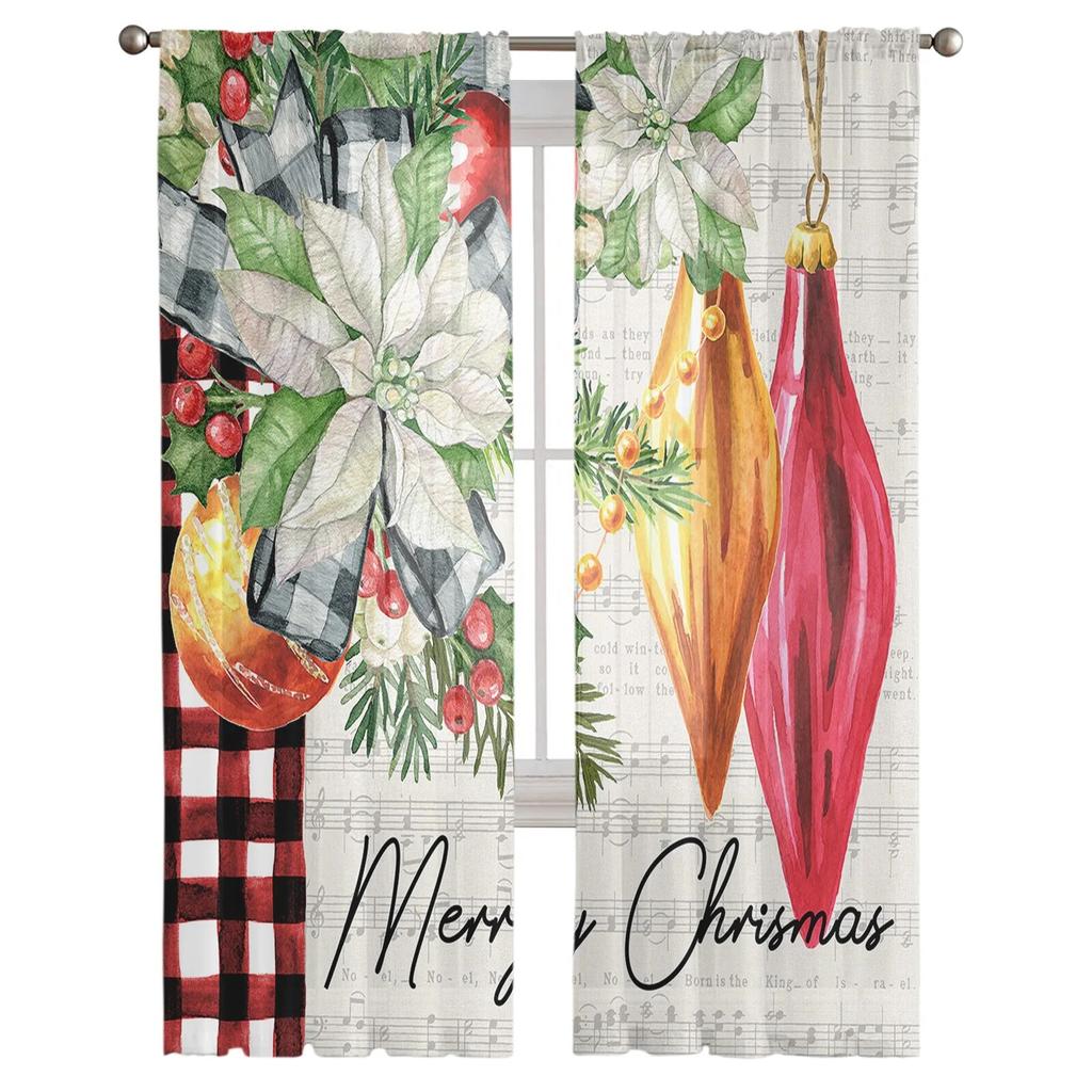 Christmas Poinsettia Pine Needles Sheer Curtains For Living Room Bedroom Tulle Curtain For Kitchen Voile Curtain Blind Panels