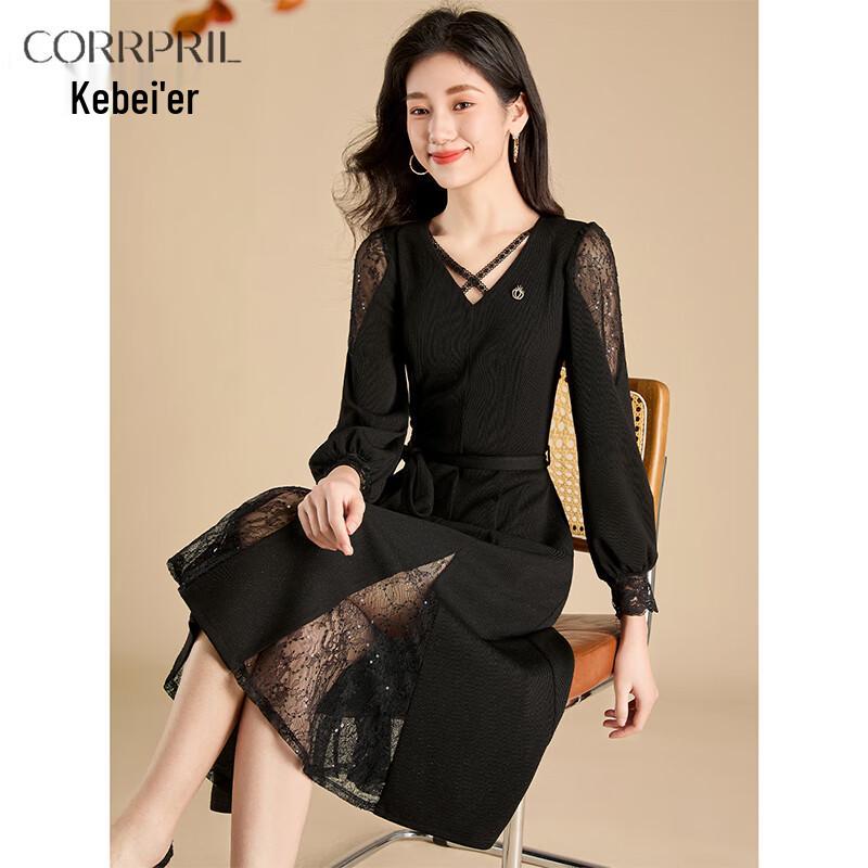 Dámské černé midi šaty s dlouhým rukávem a krajkovým lemem s výřezy