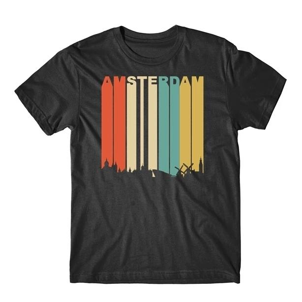 Ретро-футболка в стиле 1970-х годов с изображением городского пейзажа Амстердама, Нидерланды, центрального района, силуэта L