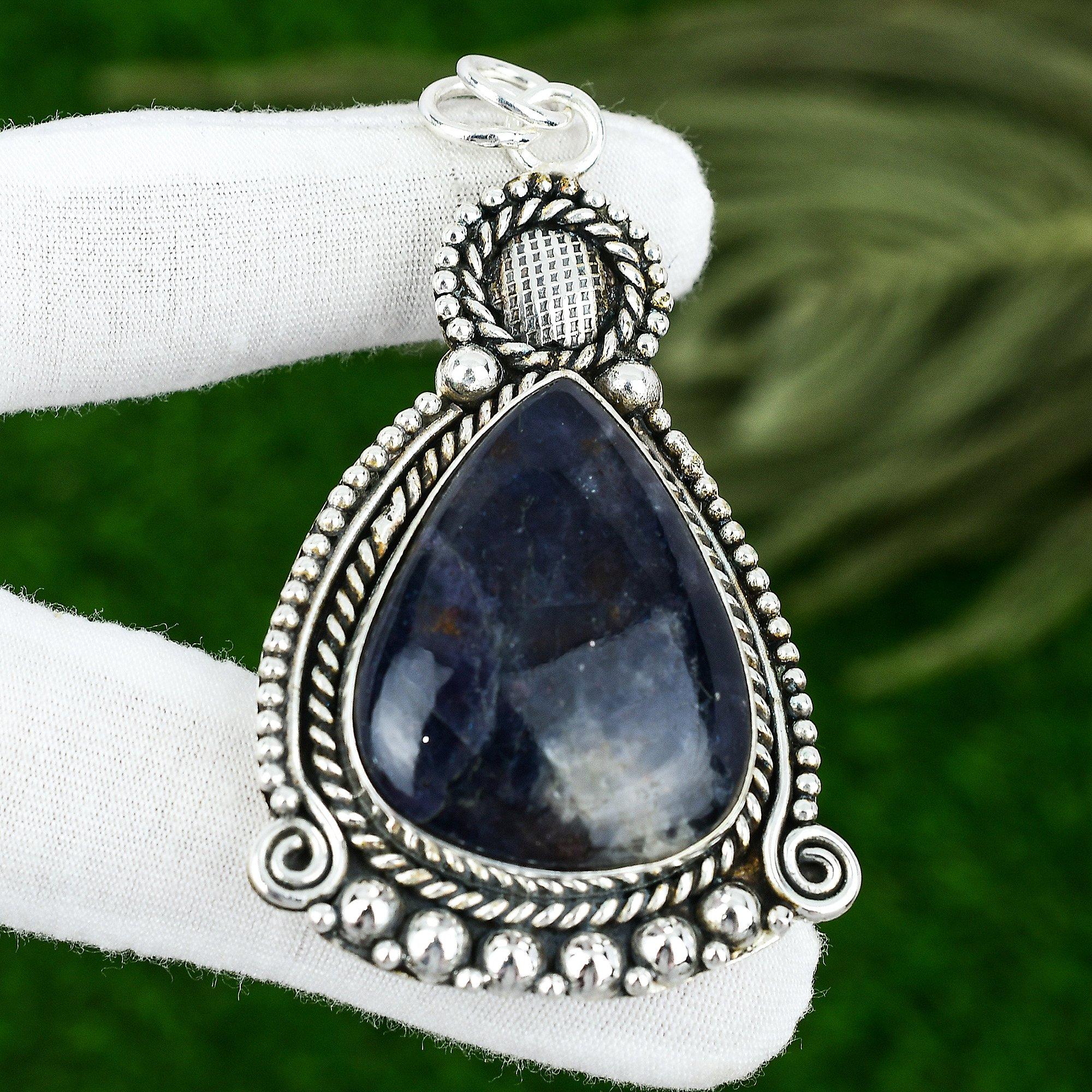 925 Silver Pear Natural Sodalite Wife Handmade Artisan Bezel Ethnic Boho Pendant
