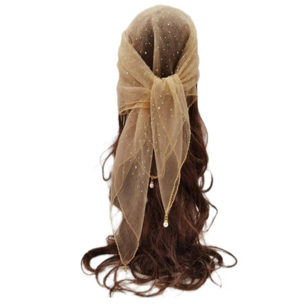 Pearl Tassel Rhinestone Square Scarf Hair Wrap Solid Color Full Sky Star Headwrap Lace Trim Breathable Fabric