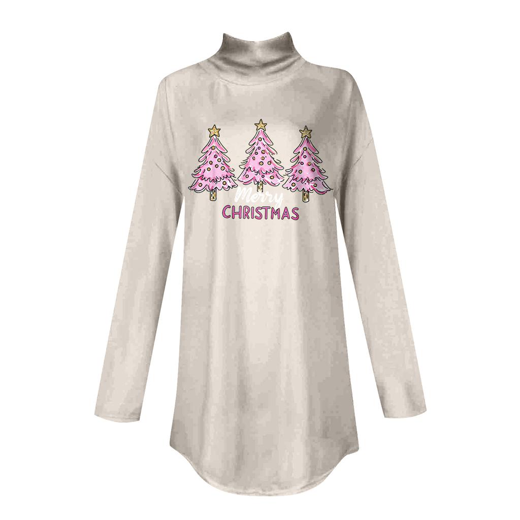 Women's Fashionable Loose-Fit High-Neck T-Shirt With Christmas Print Long-Sleeved Top
