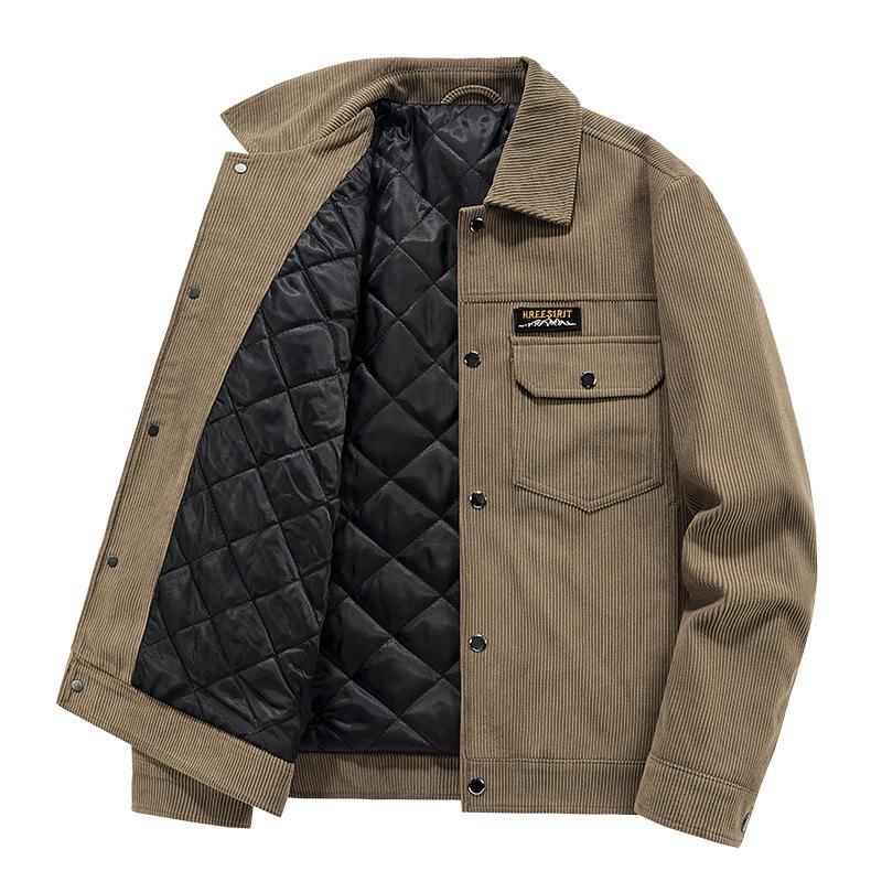 Plus Corduroy Men s Jacket Thickened Fleece Jacket Multi-pocket Casual Lapel Top XL хаки