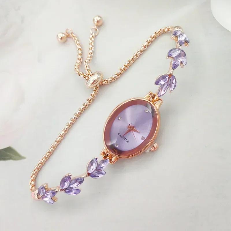 

Новые элегантные часы для женщин, инкрустированные стразами, женские часы Clover, овальные, модные, кварцевые, наручные часы, браслет, часы Reloj Mujer