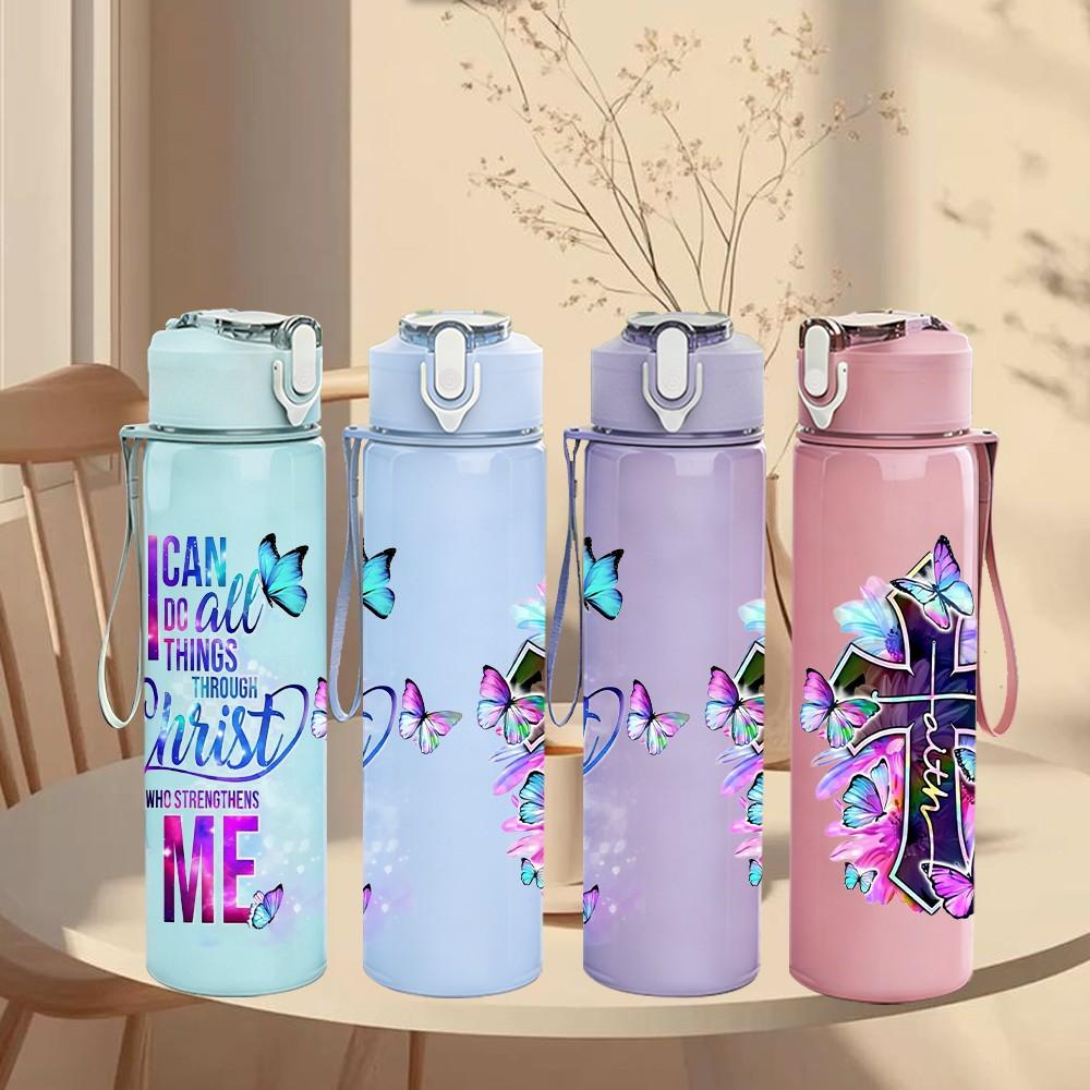 1PC Faith Cross Color Art Quote Print 750ml Color Plastic Sports Water Bottle Leakproof Flip Straw Lid Suitable for Sports Office Home Use