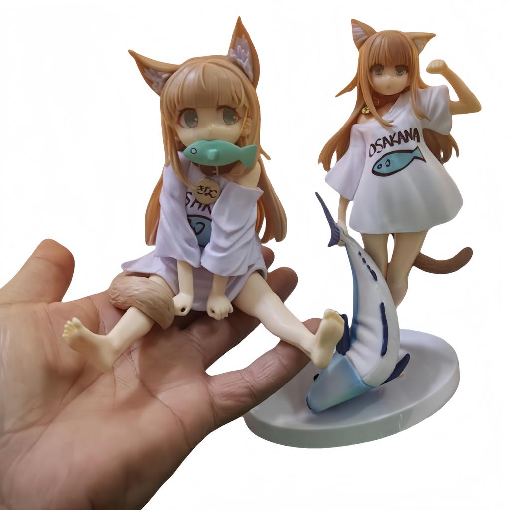 13/18CM GOLDEN HEAD My Cat Is A Kawaii Girl Anime Figure Sakura Soybean Flour Sit And Eat Fish Collectible PVC Model Doll Lovely Toy