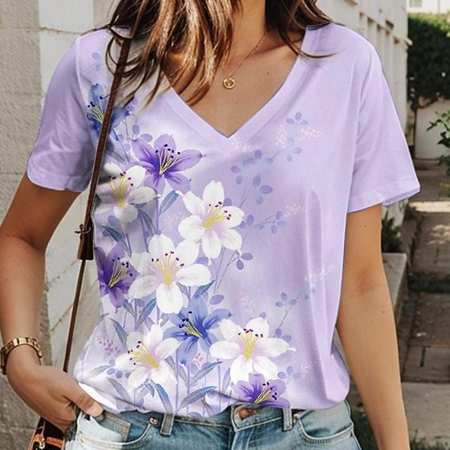 Vintage Women Floral Print T Shirt Short Sleeve V Neck Tops Comfortable T-shirts