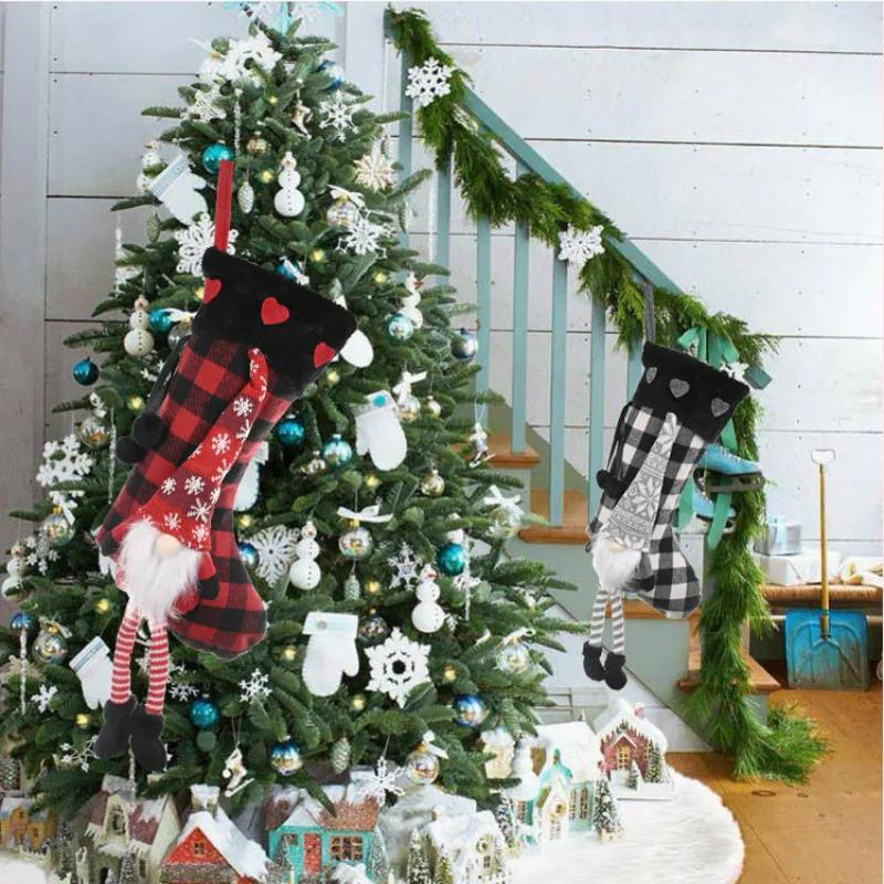 Plush Lattice Christmas Socks Candy Gift Bag Creative Hanging Decoration