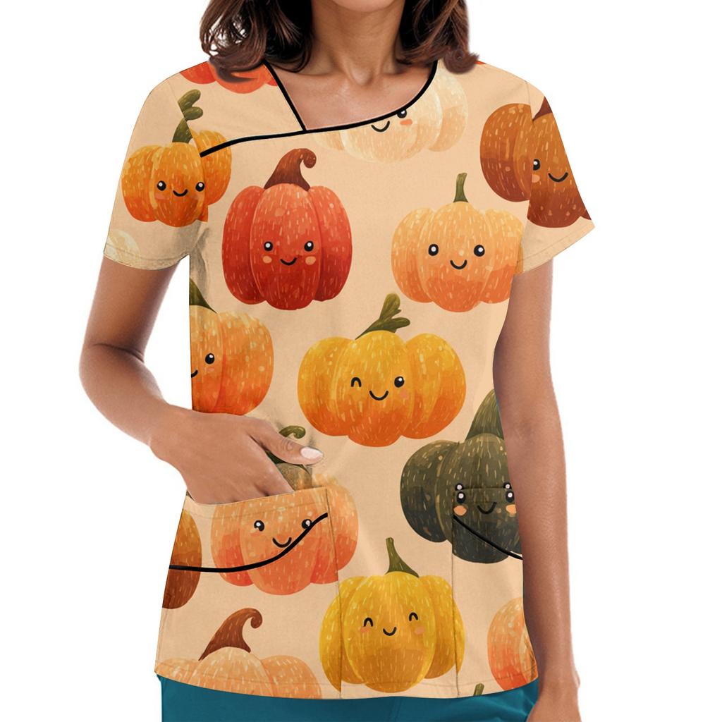 Dámské potištěné pracovní oblečení, šikmý límec a dvojité kapsy, základní top pulovr