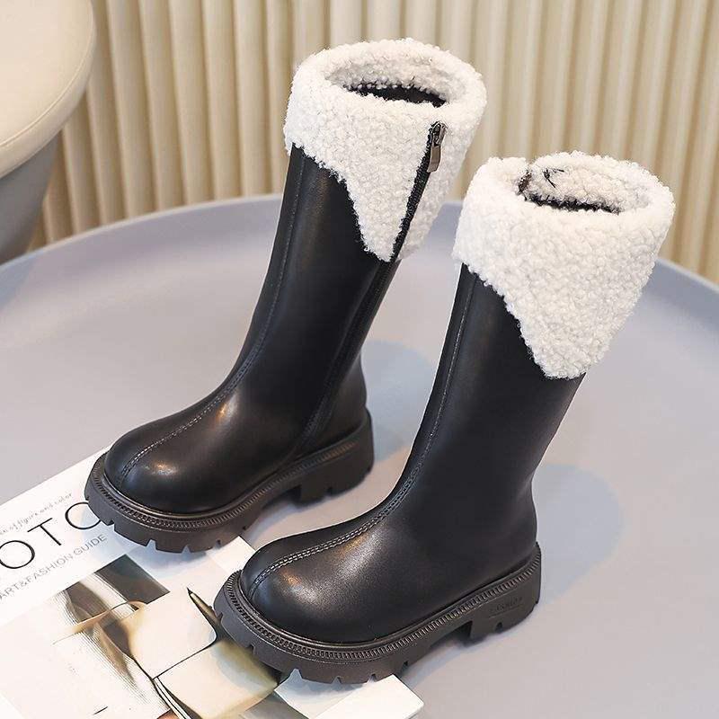 Girls 2025 Leather High-Top Martin Boots - Stylish Velvet-Lined Autumn/Winter Snow Boots for Kids 26 (16.8cm)