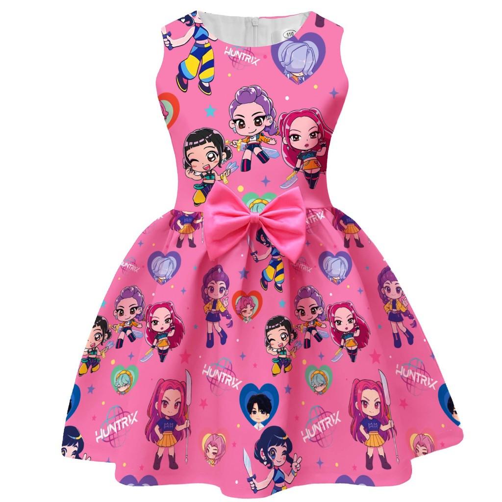 Kids Girls Anime Cartoon K-Pop Hunters Rumi Zoey Mira Printed Bow Sleeveless Casual Dress